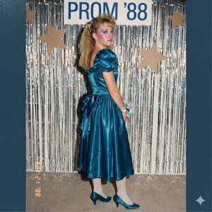 👗 Vtg 1988 Teal Satin Puff Sleeve Bow Prom Dress XS 👗